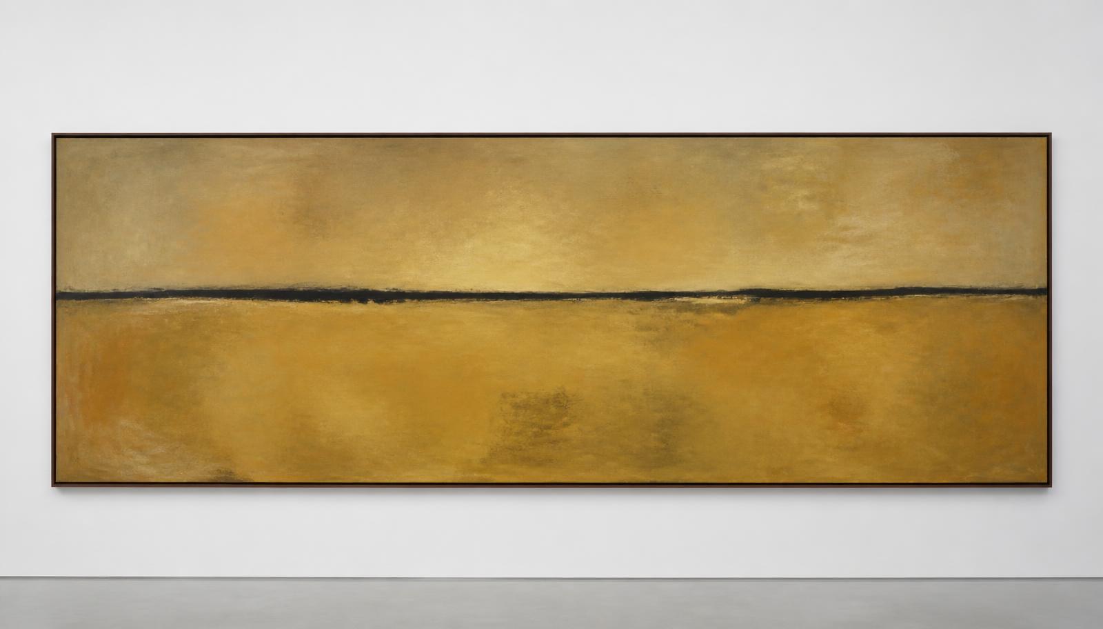Threshold — wide horizontal abstract work with muted ochre fields