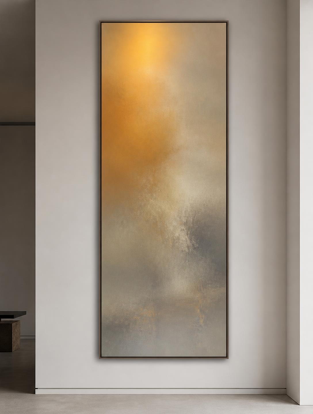 Vessel — tall vertical abstract painting in amber and grey